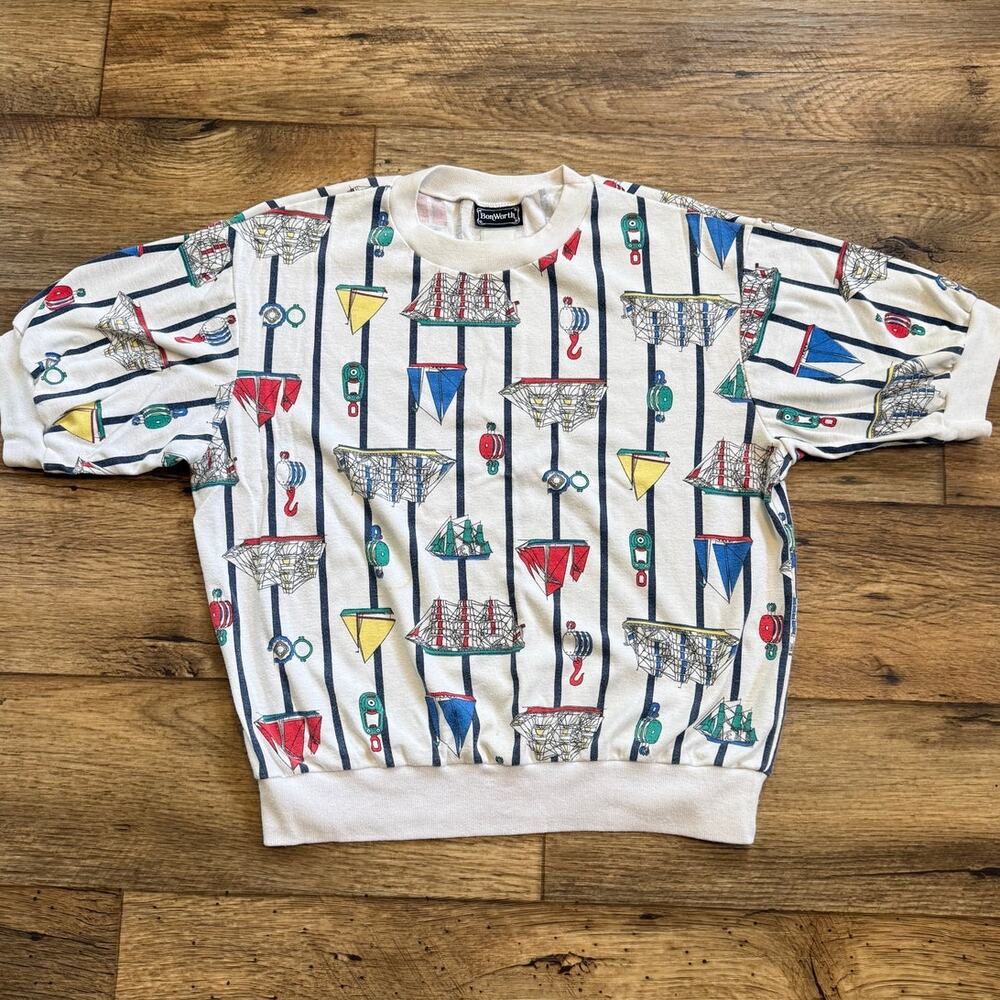 Vintage 80s Abstract All Over Print Sailing Nautical Tee Shirt